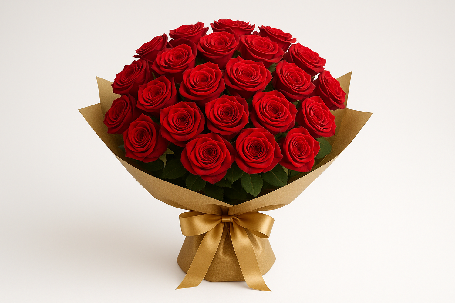 I need a bouquet of 24 roses wrapped in gold paper. I need it on a white background. 
