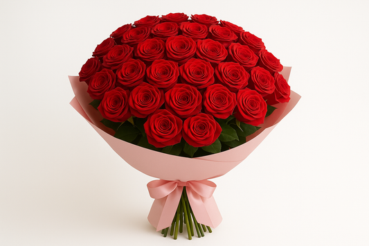 I need a bouquet of 36 roses wrapped in pink paper. I need it on a white background. 