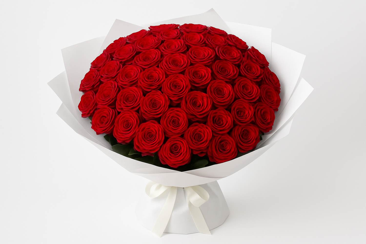 I need a bouquet of 48 roses wrapped in white paper. I need it on a white background. 