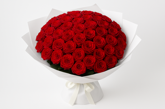 I need a bouquet of 48 roses wrapped in white paper. I need it on a white background. 