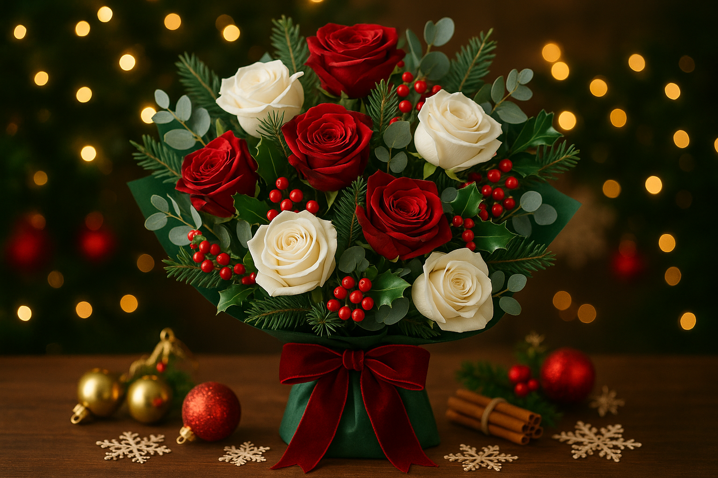 I need a bouquet of a dozen roses that is Christmas themed