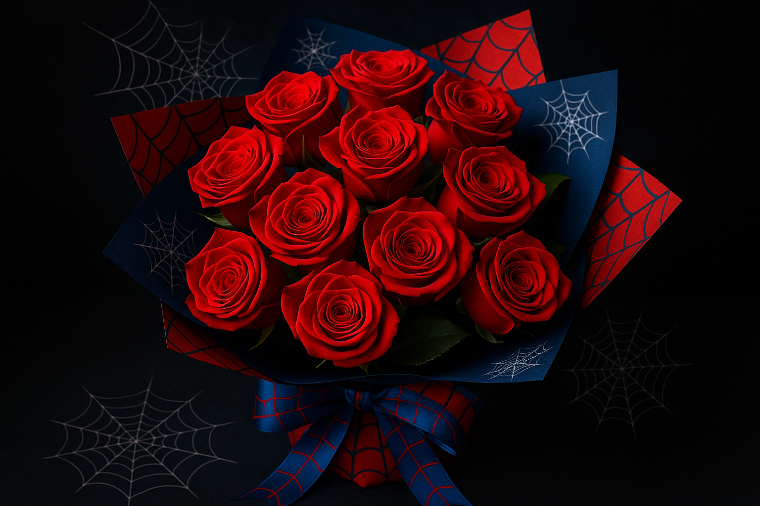 I need a bouquet of a dozen roses that is spider man themed 